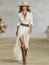 Robe longues ceinturée et revers plissés en coton et lin