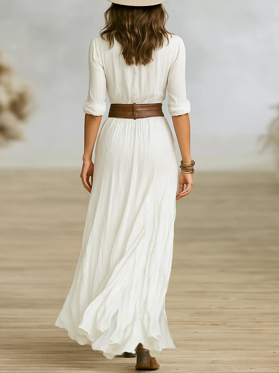 Robe longues ceinturée et revers plissés en coton et lin